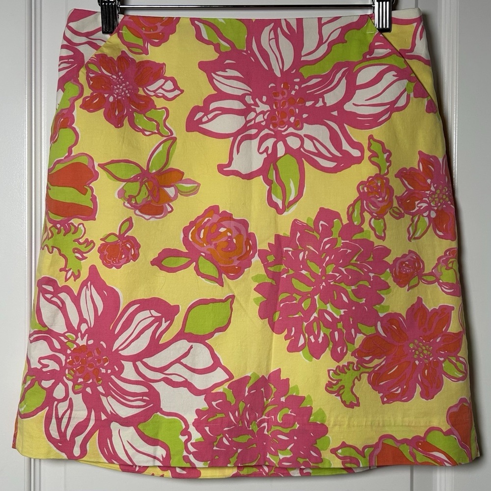 Lilly Pulitzer Yellow Pink Green Floral A-Line Skirt Garden‎ Party Preppy Style